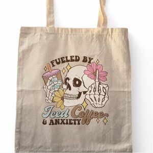 Canvas Tote Bag with Skull and Floral Design